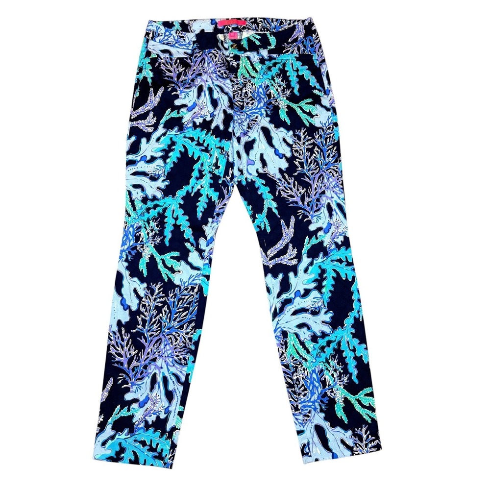 Lilly Pulitzer Kelly Ankle Pants Blue Green Coral Reef Print Stretch Womens 6 - Picture 2 of 10